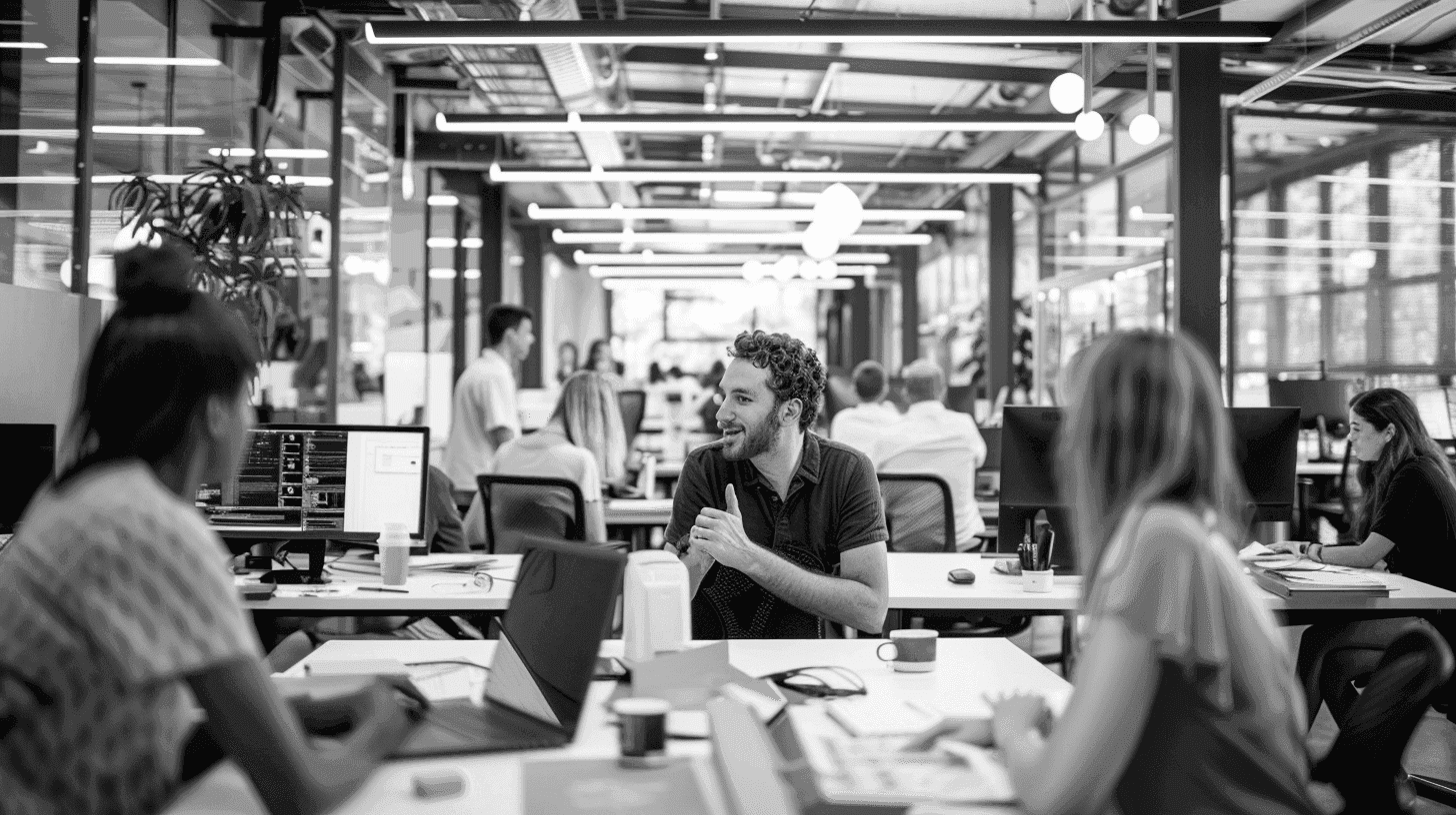 Black and white office scene with people working at desks and collaborating in a modern open-plan workspace.